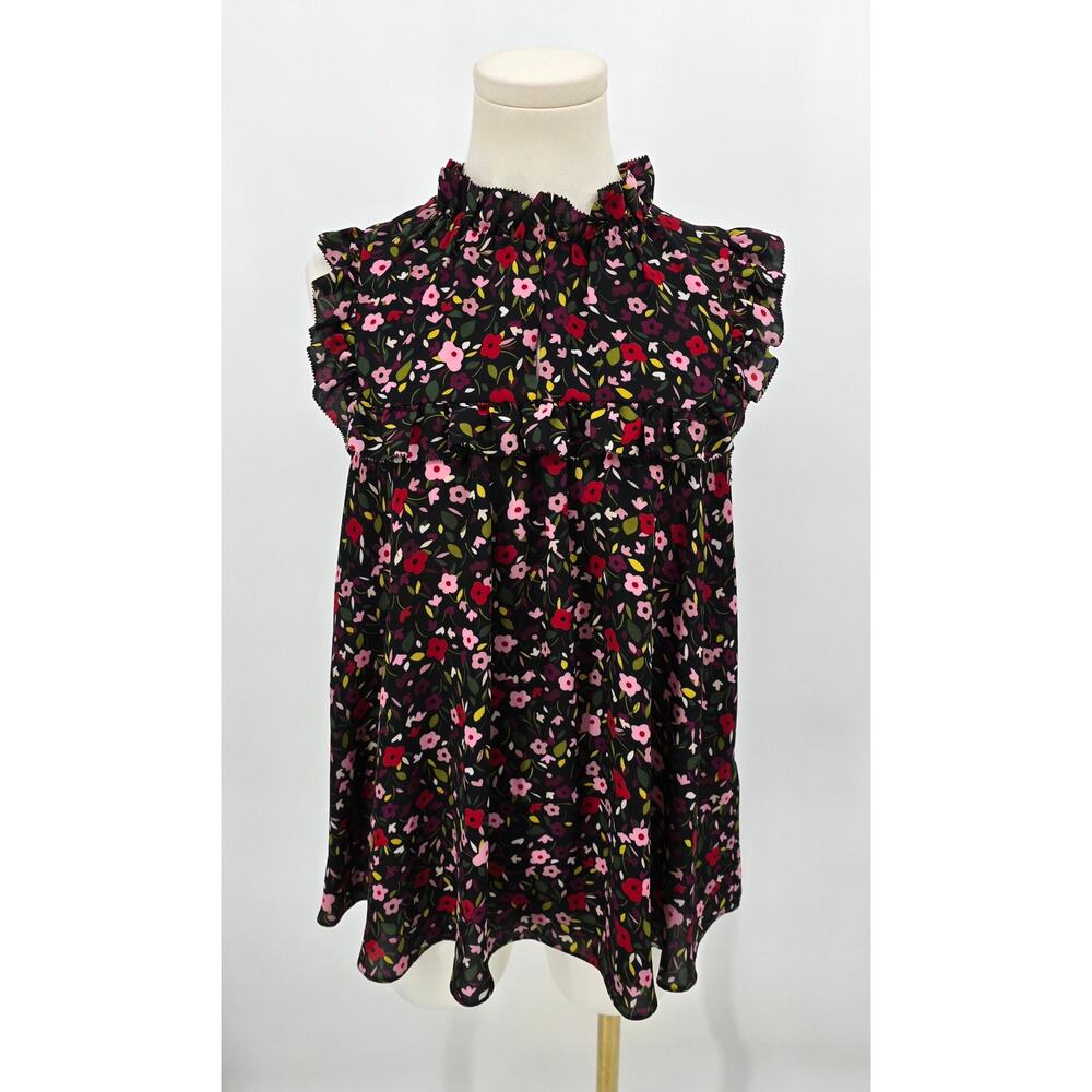 Kate Spade Ma Cherie Floral Ruffle Yoke Blouse Black Pink Boho Romantic Top M